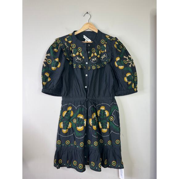 NWT Sea New York Perle Print Puff Sleeve Ruffled Cotton Black Mini Dress - Picture 2 of 9